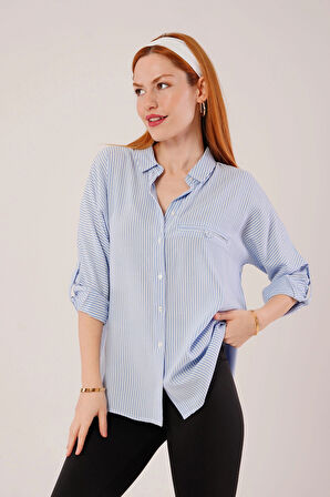 Cep Detay Çizgili Oversize avi Gömlek