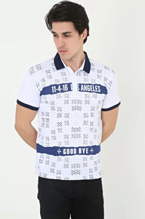 Erkek Yakalı lim Fit Baskılı Thirt  Beyaz