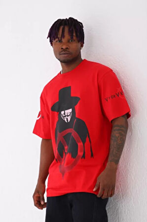 Unisex Oversize Baskılı Bisiklet Yaka Thirt  Kırmızı