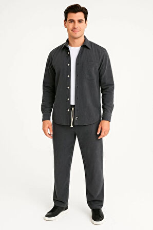 Erkek Kadife Oversize Takım – Gömlek Ve Pantolon İkili et Füme Corduroy Şıklığı, Rahat Ve Zarif Duruş Yumuşak Dokulu Kadife Kumaş, Düğmeli Gömlek Üst Ve astikli Pantolon Alt Parça Ile Gün Boyu Konfor Füme