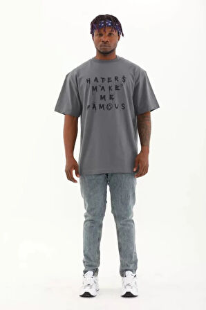 Unisex Oversize Baskılı Bisiklet Yaka Thirt  Füme