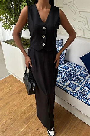 Etek Yırtmaçlı Yelekli Keten Takım 10131