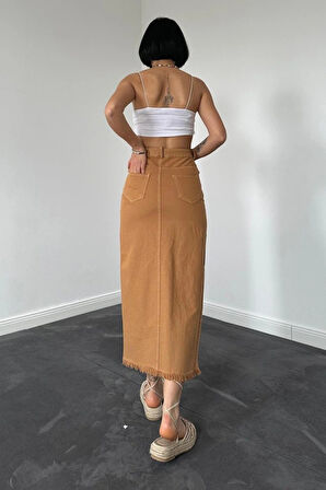 Camel Gabardin Boyamalı Püsküllü Etek