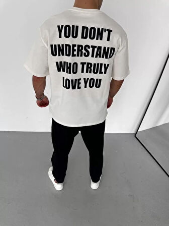 Unisex Bisiklet Yaka Baskılı Oversize Thirt  Beyaz