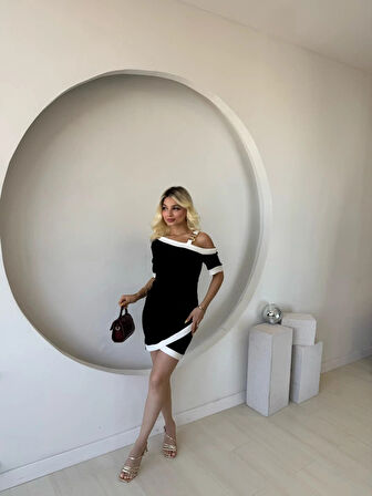 Kadın Kısa Kollu Asimetrik Kesim Yaka şerit Ve Aksesuar Detaylı odal Elbise