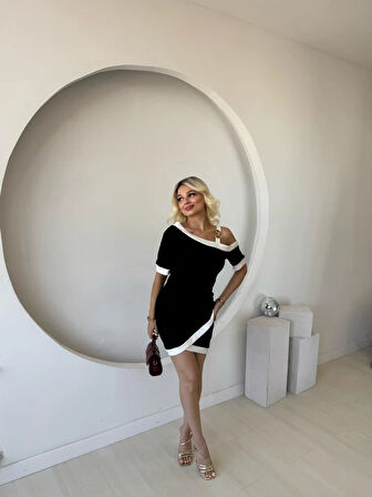 Kadın Kısa Kollu Asimetrik Kesim Yaka şerit Ve Aksesuar Detaylı odal Elbise