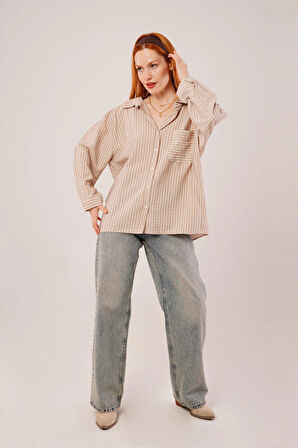 Çizgi Detaylı Cepli Camel Gömlek