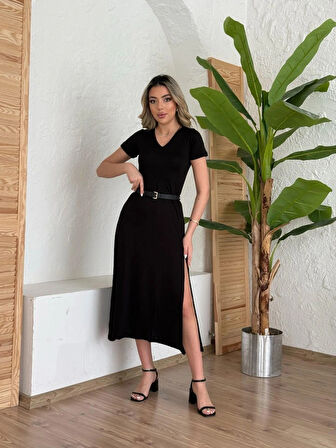 Kadın Kısa Kollu V Yaka Maxi Boy Elbise 124 Cm