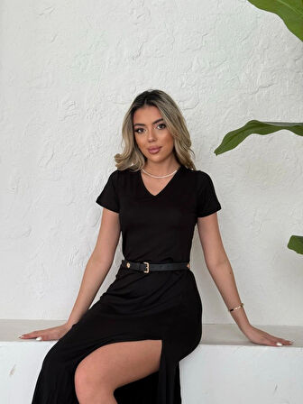 Kadın Kısa Kollu V Yaka Maxi Boy Elbise 124 Cm