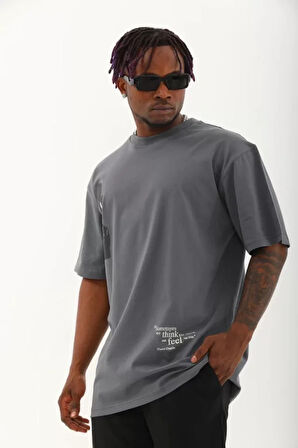 Unisex Oversize Baskılı Bisiklet Yaka Thirt  Füme