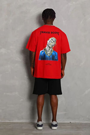 Unisex Oversize Baskılı Bisiklet Yaka Thirt  Kırmızı