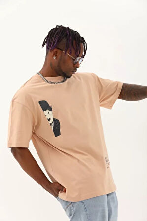 Unisex Oversize Baskılı Bisiklet Yaka Thirt  Bej