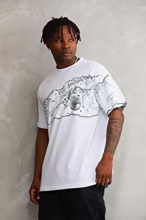 Unisex Bisiklet Yaka Baskılı Oversize Thirt  Beyaz