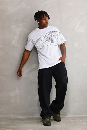 Unisex Bisiklet Yaka Baskılı Oversize Thirt  Beyaz