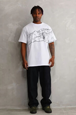 Unisex Bisiklet Yaka Baskılı Oversize Thirt  Beyaz