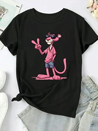 Pembe Panter Baskılı Oversize Bisiklet Yaka Tshirt  Beyaz