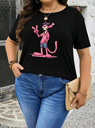 Pembe Panter Baskılı Oversize Bisiklet Yaka Tshirt  Beyaz