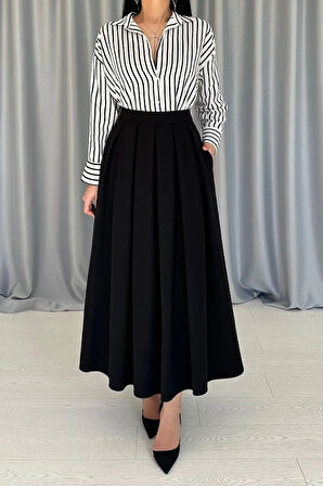 Siyah Uzun Pileli Etek