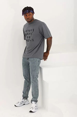 Unisex Oversize Baskılı Bisiklet Yaka Thirt  Füme