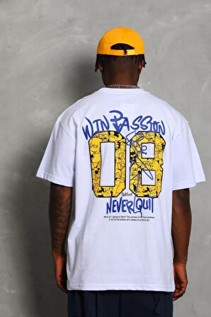 Unisex Oversize Baskılı Bisiklet Yaka Thirt  Beyaz