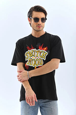 Unisex Oversize Baskılı Bisiklet Yaka Thirt  iyah