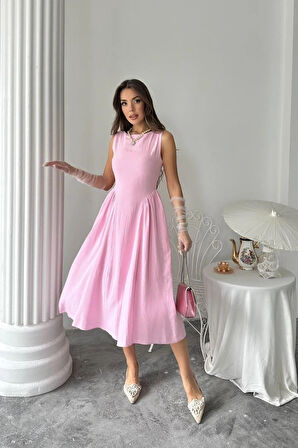 Pembe Yanları Büzgülü Midi Boy Keten Elbise