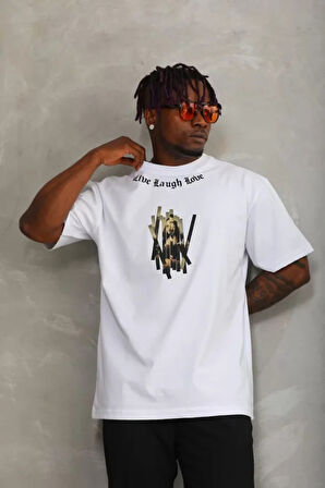 Unisex Oversize Baskılı Bisiklet Yaka Thirt  Beyaz