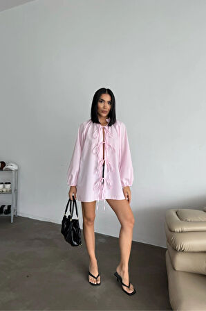 GÖEK POPİN HAKİ YAKA ÖNDEN BAĞAA İP DETAYI  Pembe