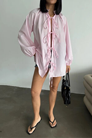 GÖEK POPİN HAKİ YAKA ÖNDEN BAĞAA İP DETAYI  Pembe