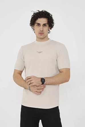 Unisex Bisiklet Yaka lim Fit Thirt Bej