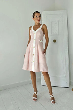 Pudra Ekru üs Cepli Askılı Elbise