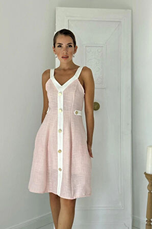 Pudra Ekru üs Cepli Askılı Elbise