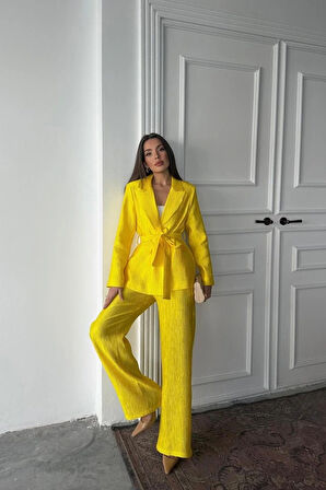 Neon Beli Kuşaklı Ceket Ve Pantolon Parlak Takım