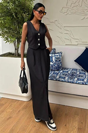 Etek Yırtmaçlı Yelekli Keten Takım 10131