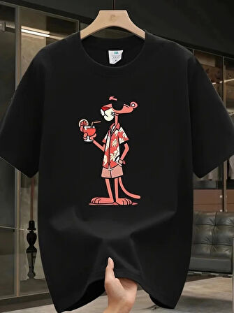 Baskılı Oversize Bisiklet Yaka Tshirt  iyah