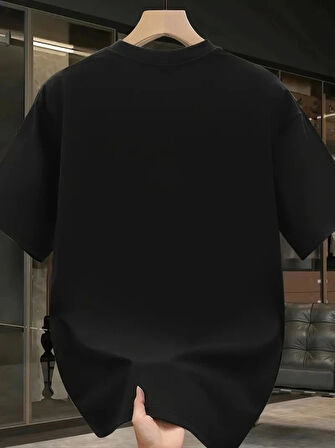 Baskılı Oversize Bisiklet Yaka Tshirt  iyah