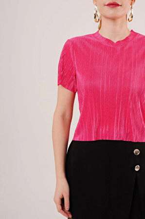 Fitilli Kısa Kollu Parlak Fuşya Bluz