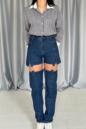 avi Askılı İki Parça Jeans Pantolon