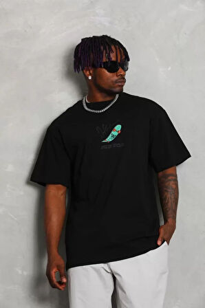 Unisex Oversize Baskılı Bisiklet Yaka Thirt  iyah