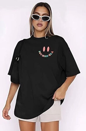 Bisiklet Yaka Kısa Kol Baskılı Tshirt  iyah