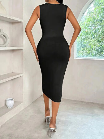 Kadın Askılı Kruvaze Yakalı Dalgıç Midi Elbise