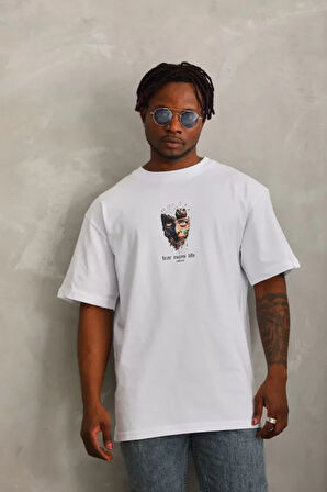 Unisex Oversize Baskılı Bisiklet Yaka Thirt  Beyaz