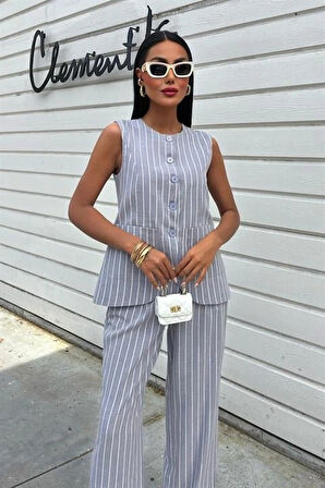 Çizgili Viscon Keten Yelekli Rahat Takım 10121