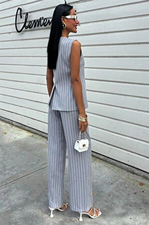 Çizgili Viscon Keten Yelekli Rahat Takım 10121