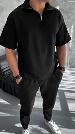 Unisex Yarım Fermuarlı Basic Thirt  iyah