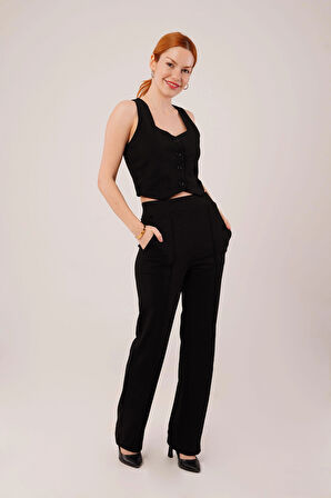 Kalın Askılı Düğmeli Yelek Ve Pantolon Siyah Takım