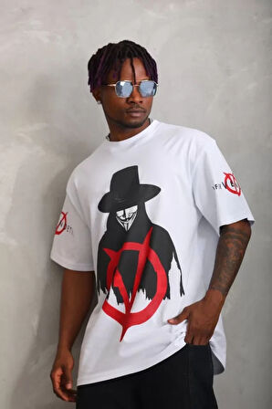 Unisex Oversize Baskılı Bisiklet Yaka Thirt  Beyaz