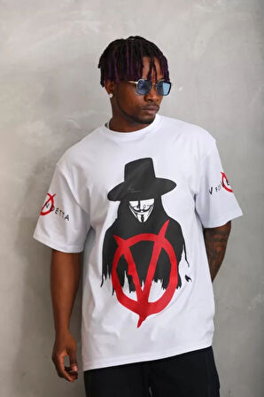 Unisex Oversize Baskılı Bisiklet Yaka Thirt  Beyaz