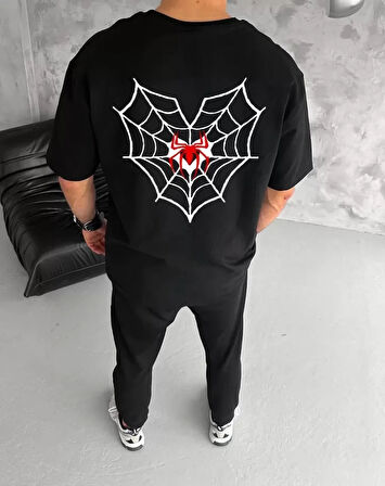 Unisex Bisiklet Yaka Baskılı Oversize Thirt  iyah