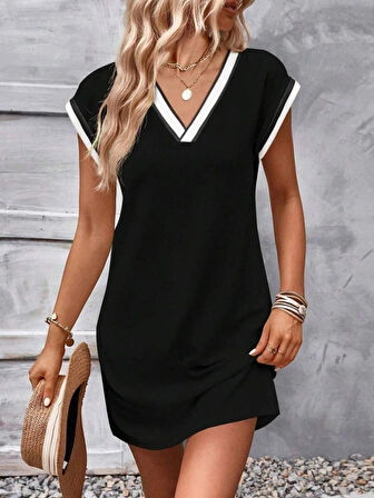 Kadın Kısa Kollu V Yakalı Ribanalı odal ini Elbise